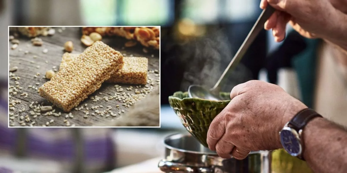 composite image of a granola bar and a person helping themselves to soup jpg