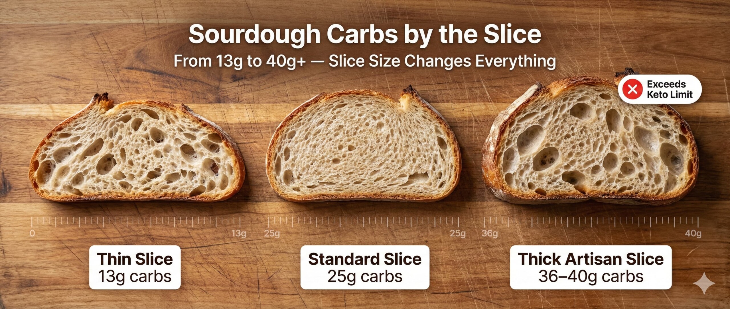 thick sourdough slices with carb counts labeled and a keto warning scaled