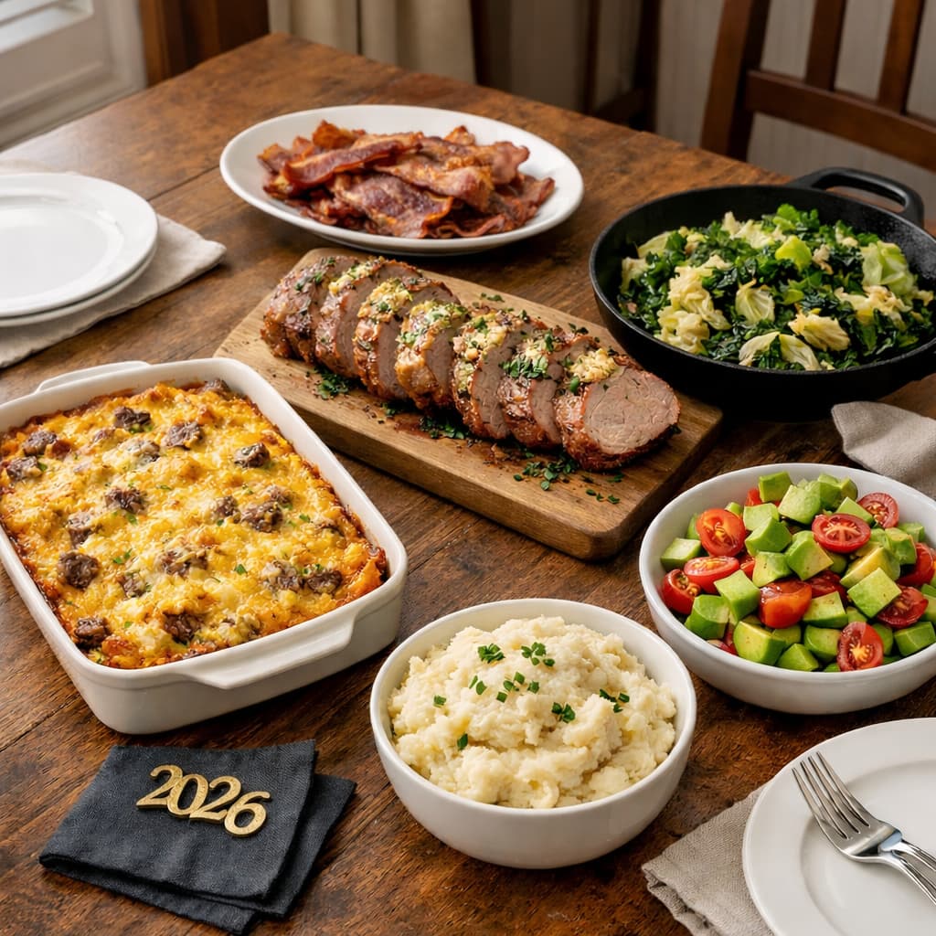 Family style keto New Years Day meal spread with brunch and dinner dishes on a rustic table