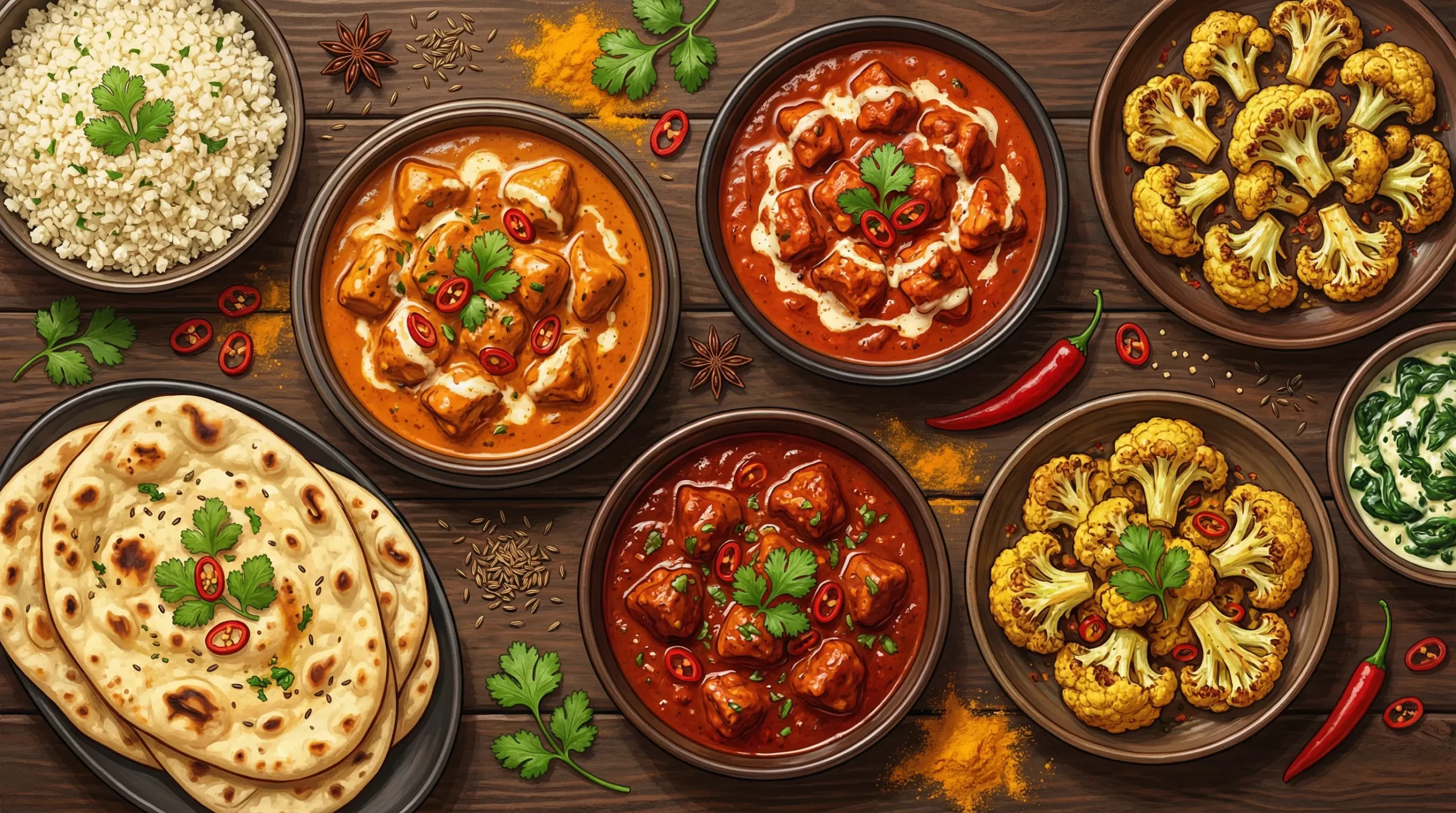 keto indian food feast illustration scaled.webp