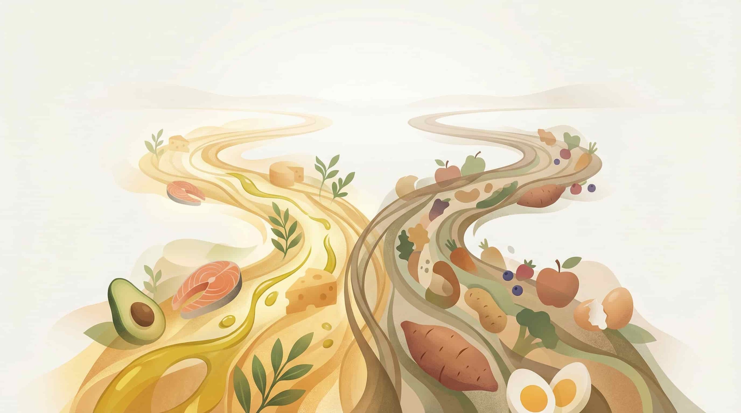 two diverging paths representing different dietary approaches scaled